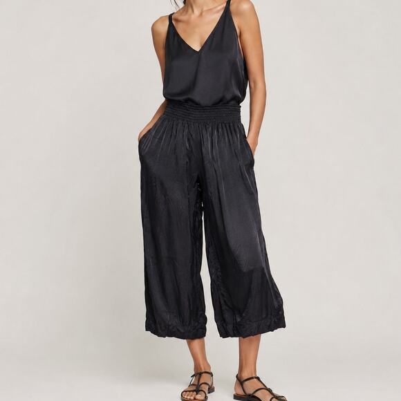 Forte Pants - Forte Forte Black Satin Wide Leg Cropped Pants Smocked Waist Italy